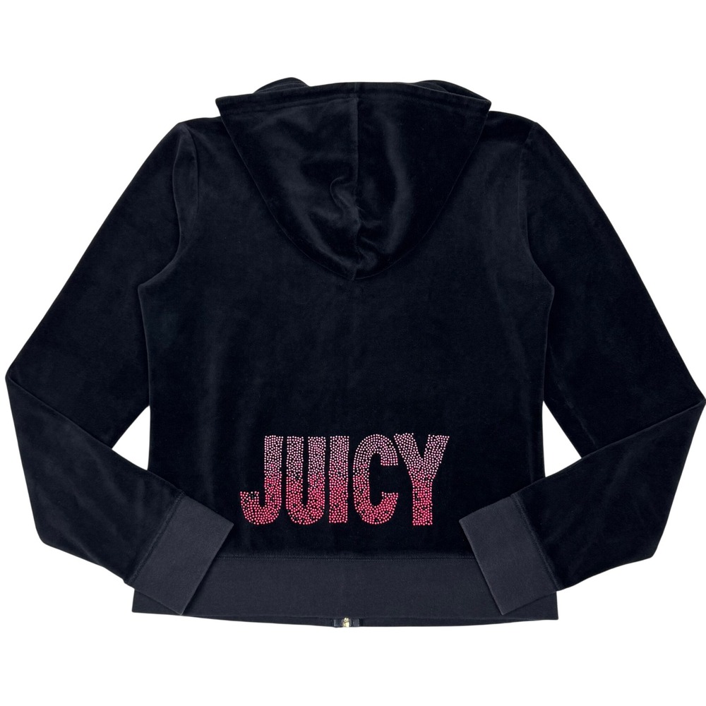 Juicy Couture‎ Black Velour Hoodie Womens Embellished Logo Zip Up Chic Y2K